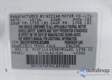 2017 Nissan Versa 1.6 S+ из США, поврежденный, VIN 3N1CN7AP2HL824800